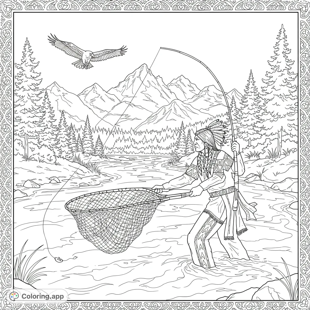 A majestic Native American fisherman in traditional attire, casting a net in a mountain river with an eagle soaring overhead. A detailed nature scene.