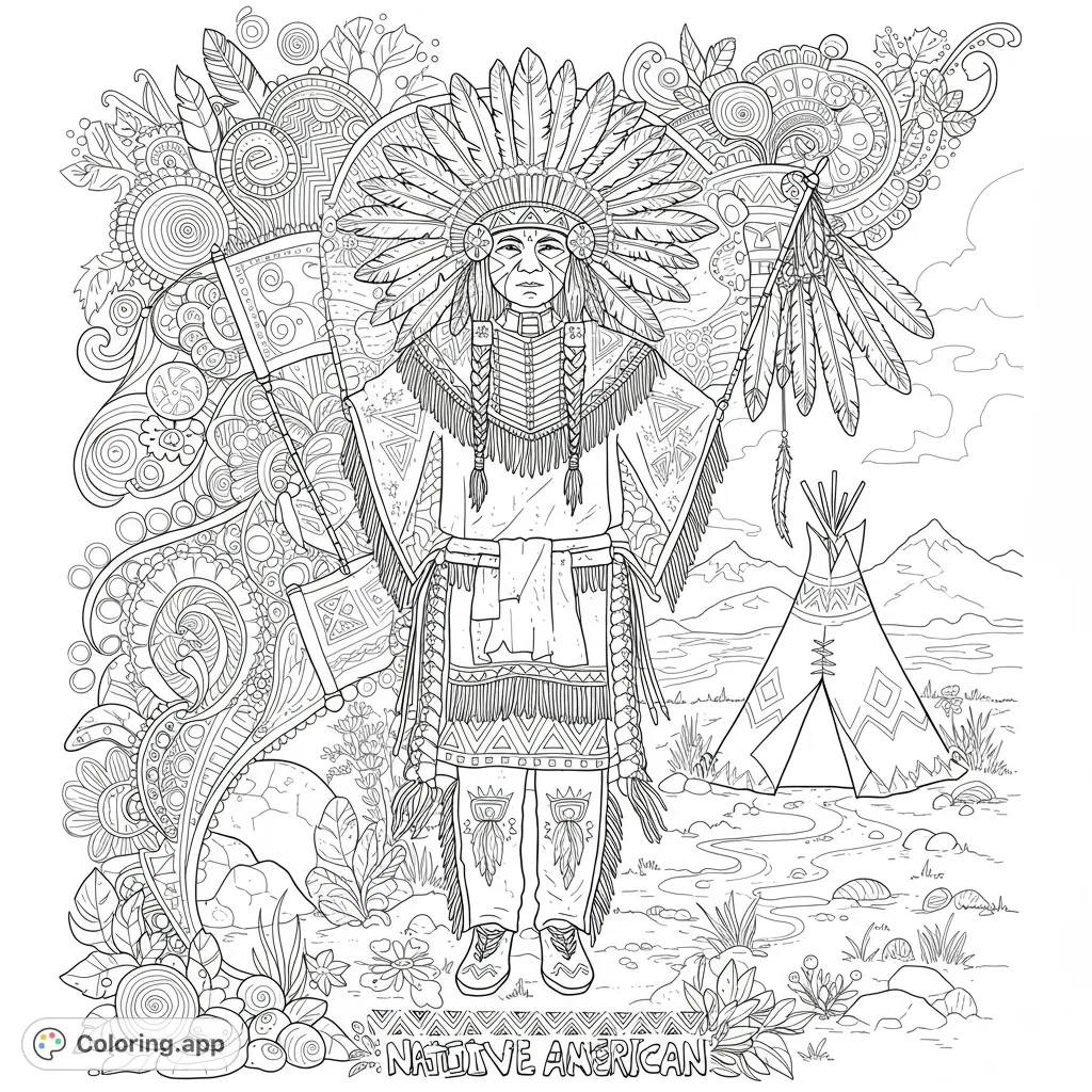 Detailed Native American figure in traditional attire with a grand headdress, set against a backdrop of intricate patterns and a serene landscape.