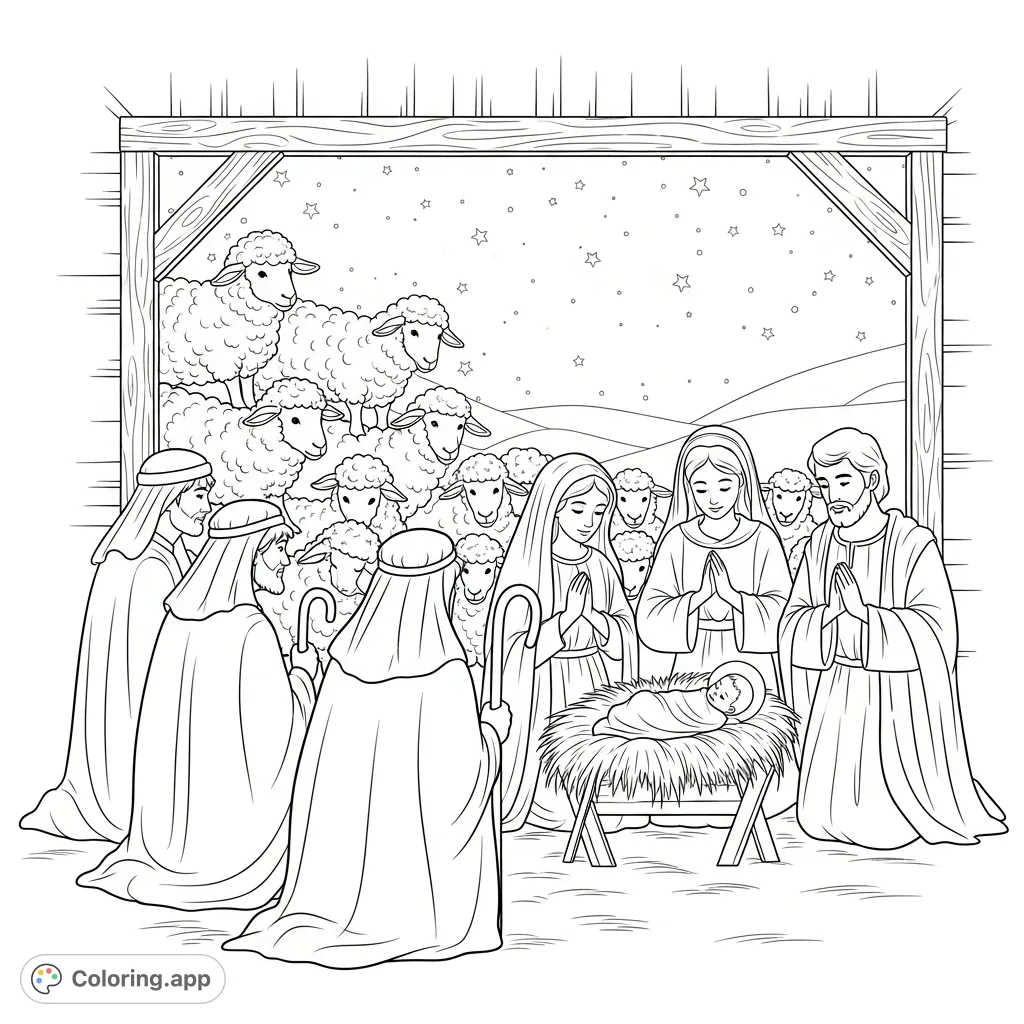 A heartwarming Nativity scene depicts humble shepherds kneeling before the manger, with Mary, Joseph, and baby Jesus. A starry night frames this serene moment.