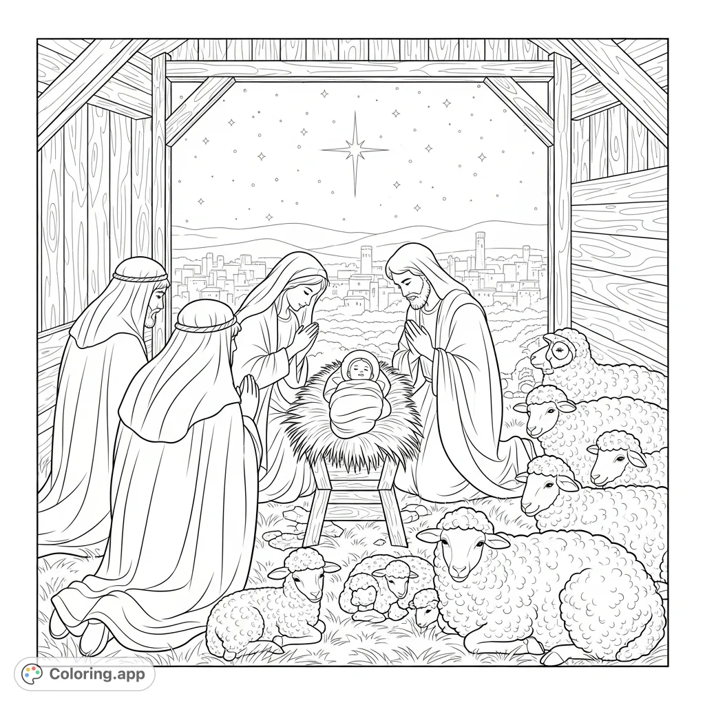 A heartwarming Nativity scene: shepherds, Mary, and Joseph adore the newborn child in a rustic stable, under a star-filled Bethlehem sky. A peaceful, free printable Nativity coloring page for all ages.
