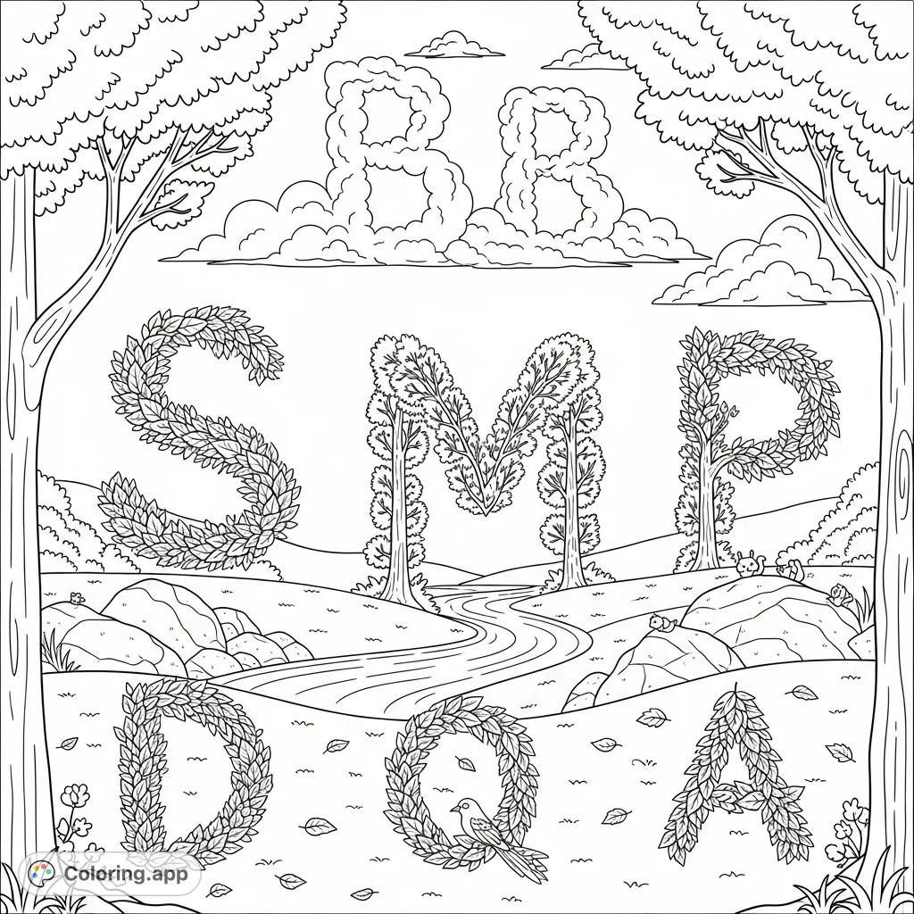 Explore a serene forest where branches, rivers, clouds, and leaves subtly form the alphabet, with hidden animals. A unique, educational nature coloring page.