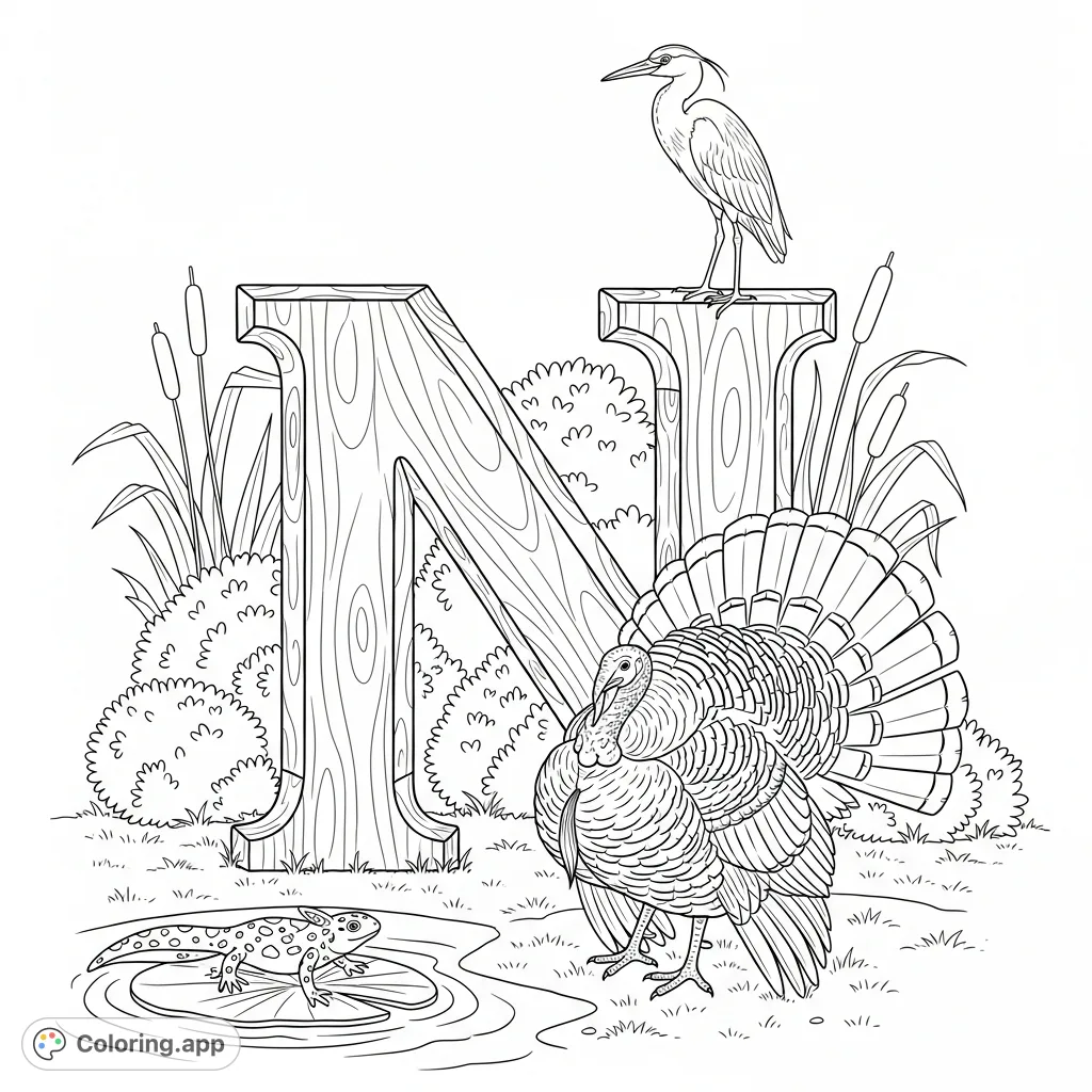 Discover the letter N in a charming garden, featuring a Narragansett turkey, a newt on a lily pad, and a graceful night heron. Perfect for nature lovers!