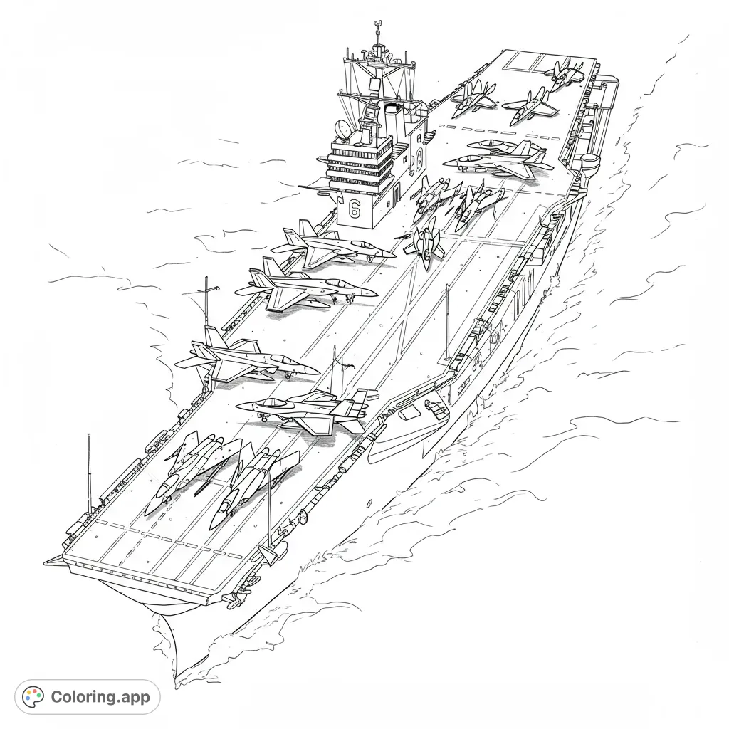 A powerful naval aircraft carrier coloring page, featuring a massive ship with numerous fighter jets on its deck, sailing through detailed ocean waves.