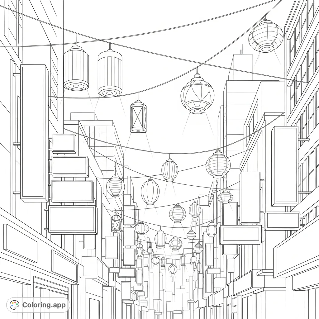 An urban street scene featuring tall buildings, various simple rectangular signs, and diverse lanterns hanging overhead. Explore city lights and forms.