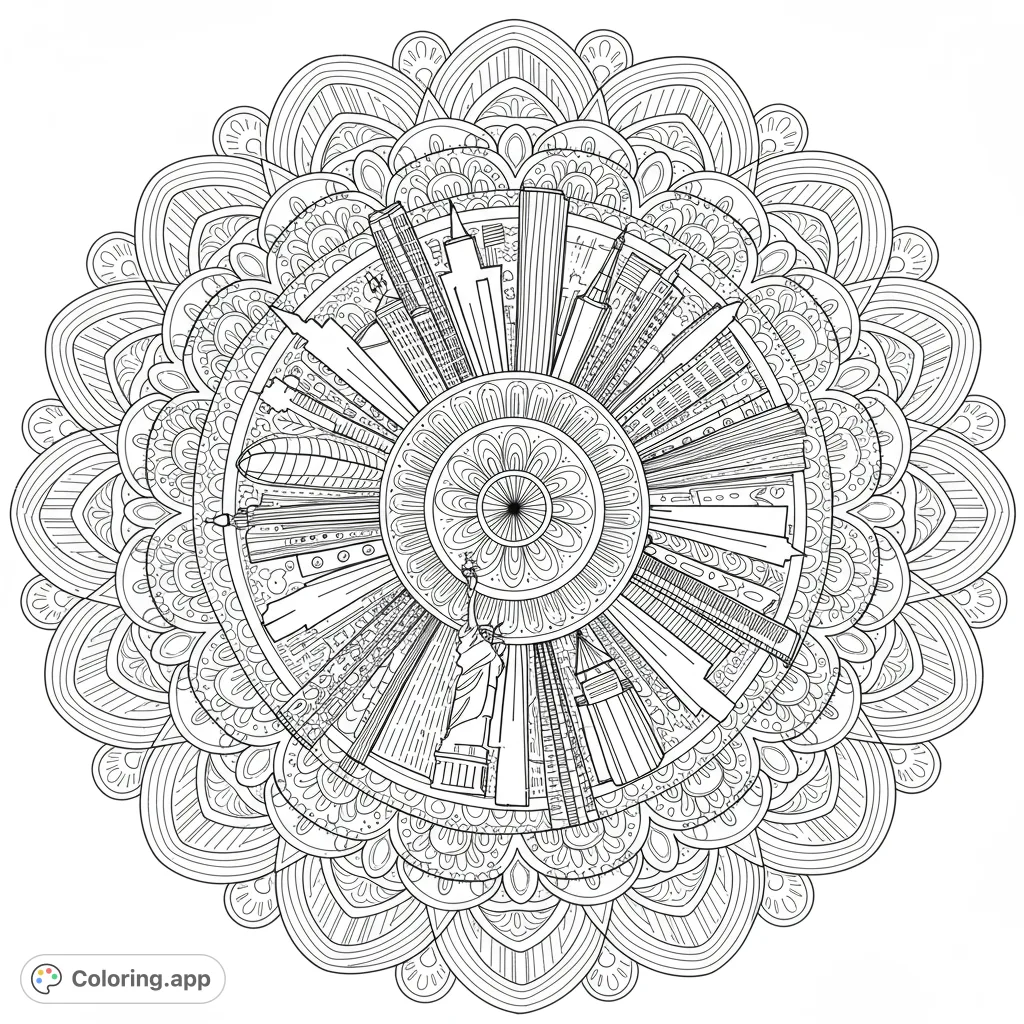 An intricate New York City mandala coloring page featuring iconic landmarks like the Statue of Liberty and skyscrapers, surrounded by detailed patterns.