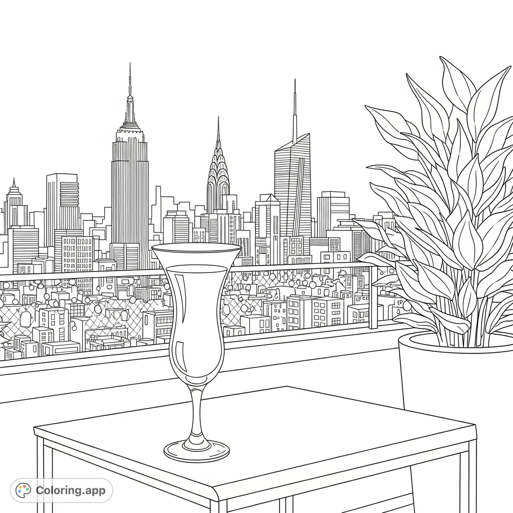 Experience the sophisticated allure of a New York City rooftop bar with this detailed coloring page, featuring an elegant cocktail and iconic skyline.