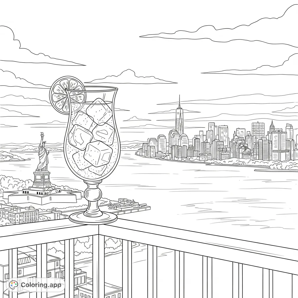 Savor a New York cocktail on a balcony overlooking the Hudson River, with the Statue of Liberty and a flickering city skyline at sunset.