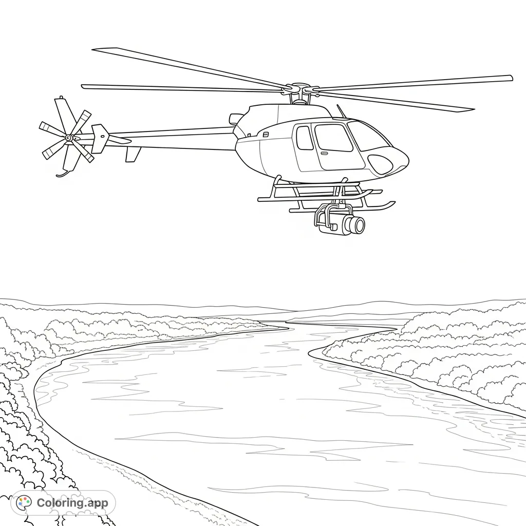 A detailed news helicopter with a simplified camera pod soars above a winding river, flanked by riverbanks. A thrilling scene for all ages.