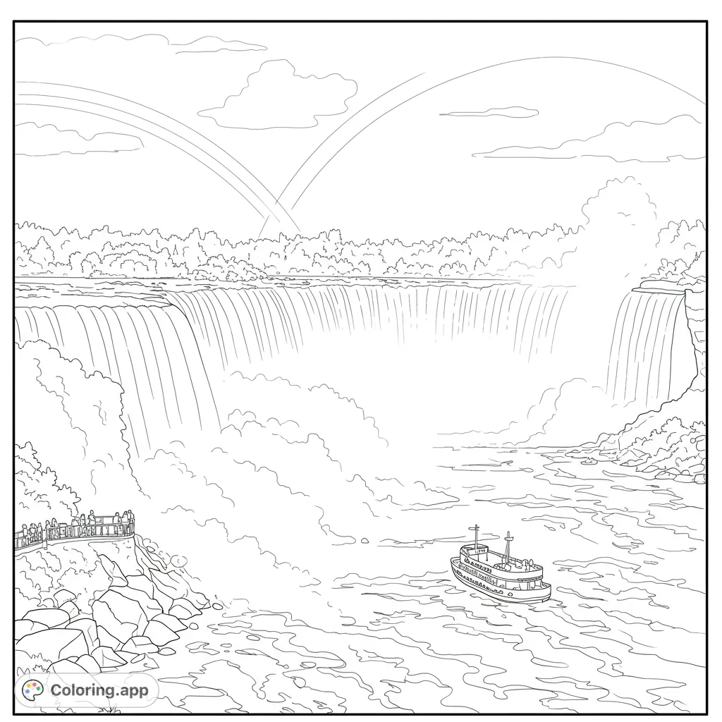 A majestic Niagara Falls coloring page featuring a powerful waterfall, tour boat, viewing platform, and rainbows. Free printable for all ages.