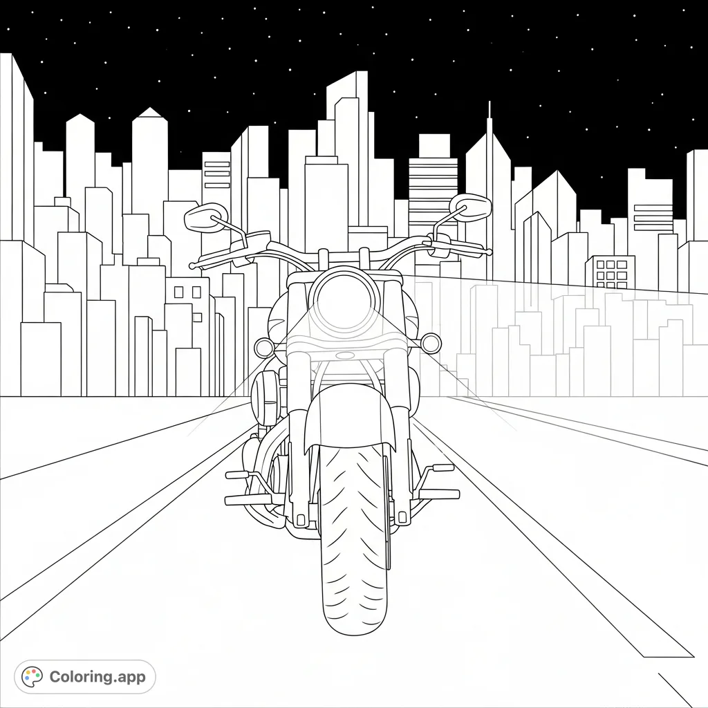 Experience the thrill of a nighttime city ride. A cruiser motorcycle cruises past an abstract skyline, with a glowing headlight piercing the urban darkness.