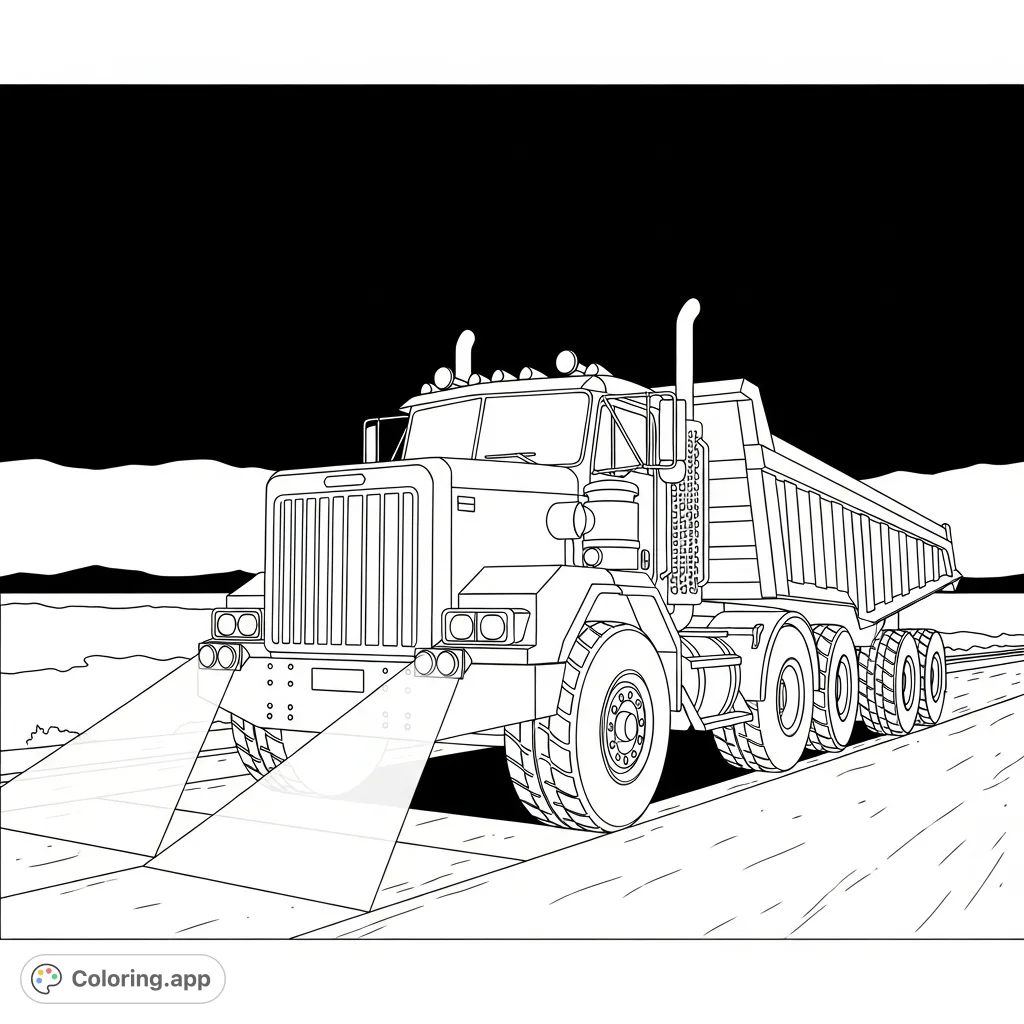 A powerful heavy hauler truck navigates the night, its strong triangular headlight beams cutting through the darkness. A challenging and rewarding coloring page.