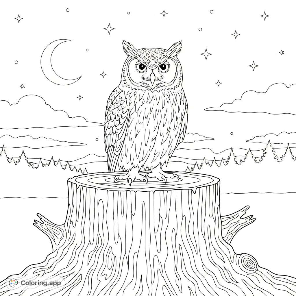 A detailed coloring page featuring a majestic owl perched on a weathered tree stump under a starry night sky with a crescent moon.