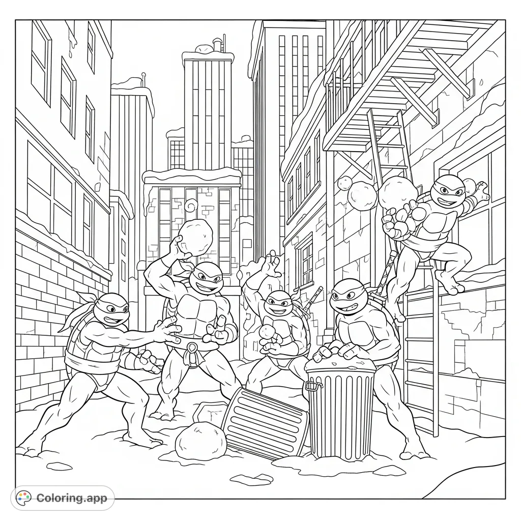 Join the Ninja Turtles in an epic snowball fight! Raphael, Michelangelo, Leonardo, and Donatello battle it out in a detailed, snow-covered urban alleyway.
