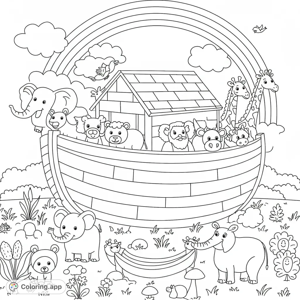 A charming Noah's Ark scene with Noah, pairs of happy animals, and a vibrant rainbow. Perfect for a free printable coloring page, fostering creativity and learning.