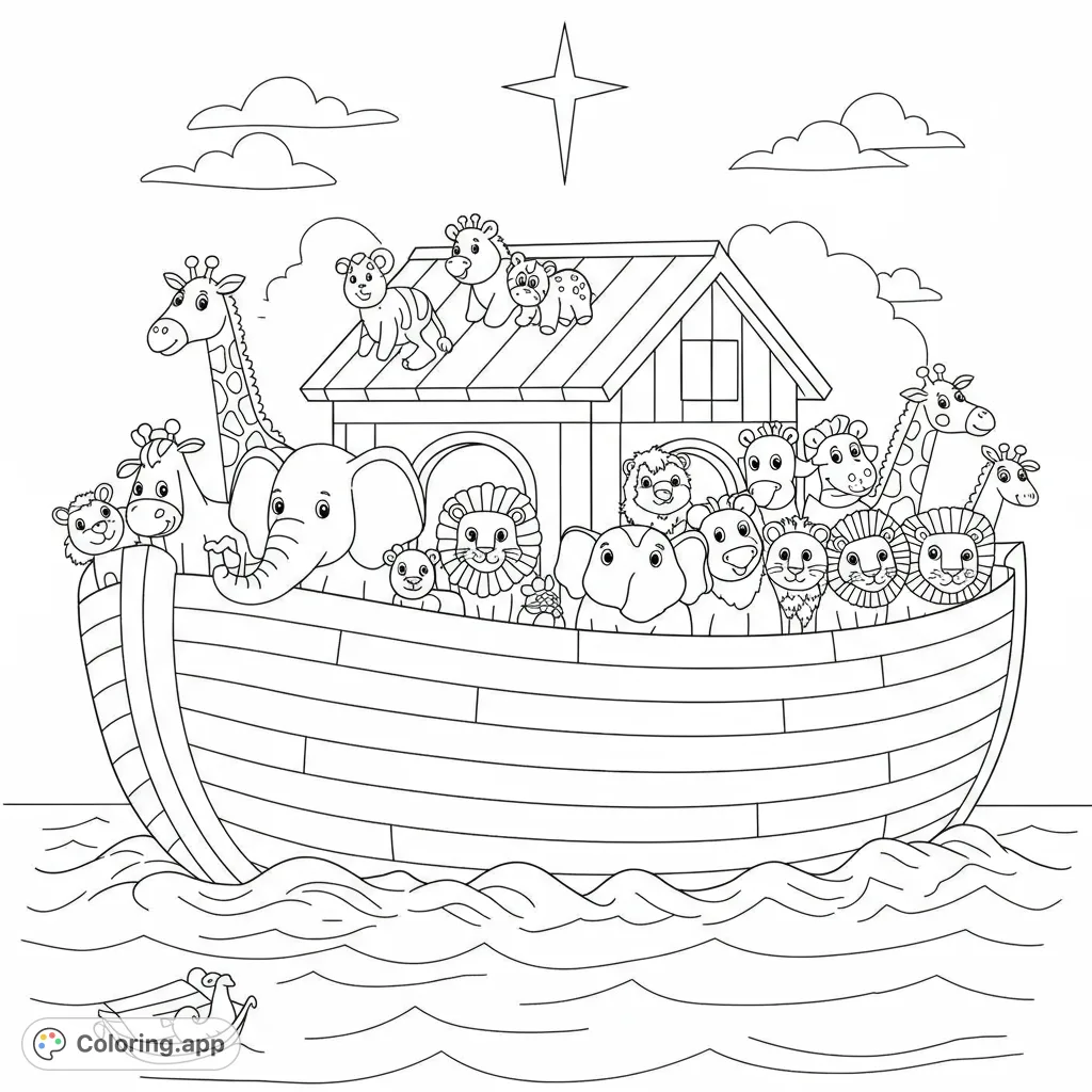 A delightful Noah's Ark coloring page featuring a boat full of adorable animals, floating on wavy water under a guiding star. Perfect for kids!