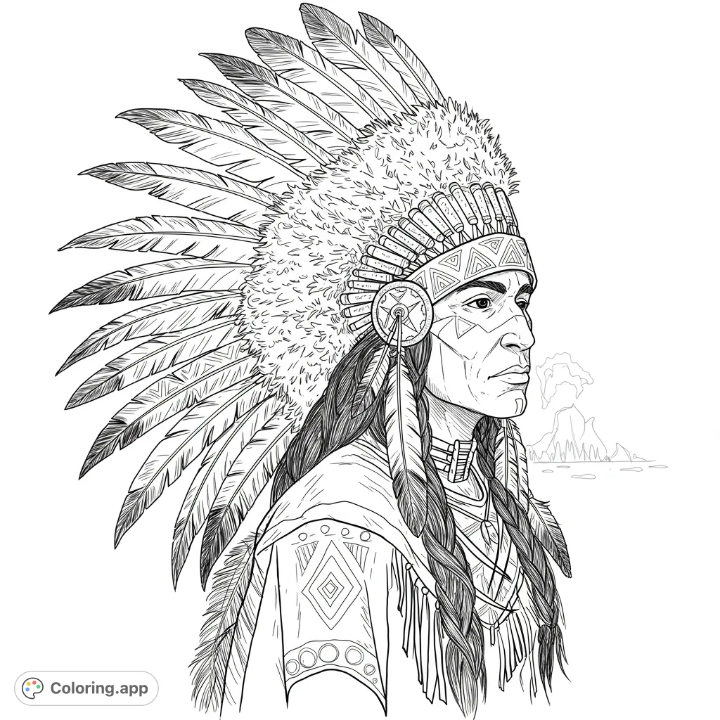 A noble Native American chief in a grand feathered warbonnet, featuring intricate details and traditional attire, set against a subtle landscape. A powerful cultural coloring page.