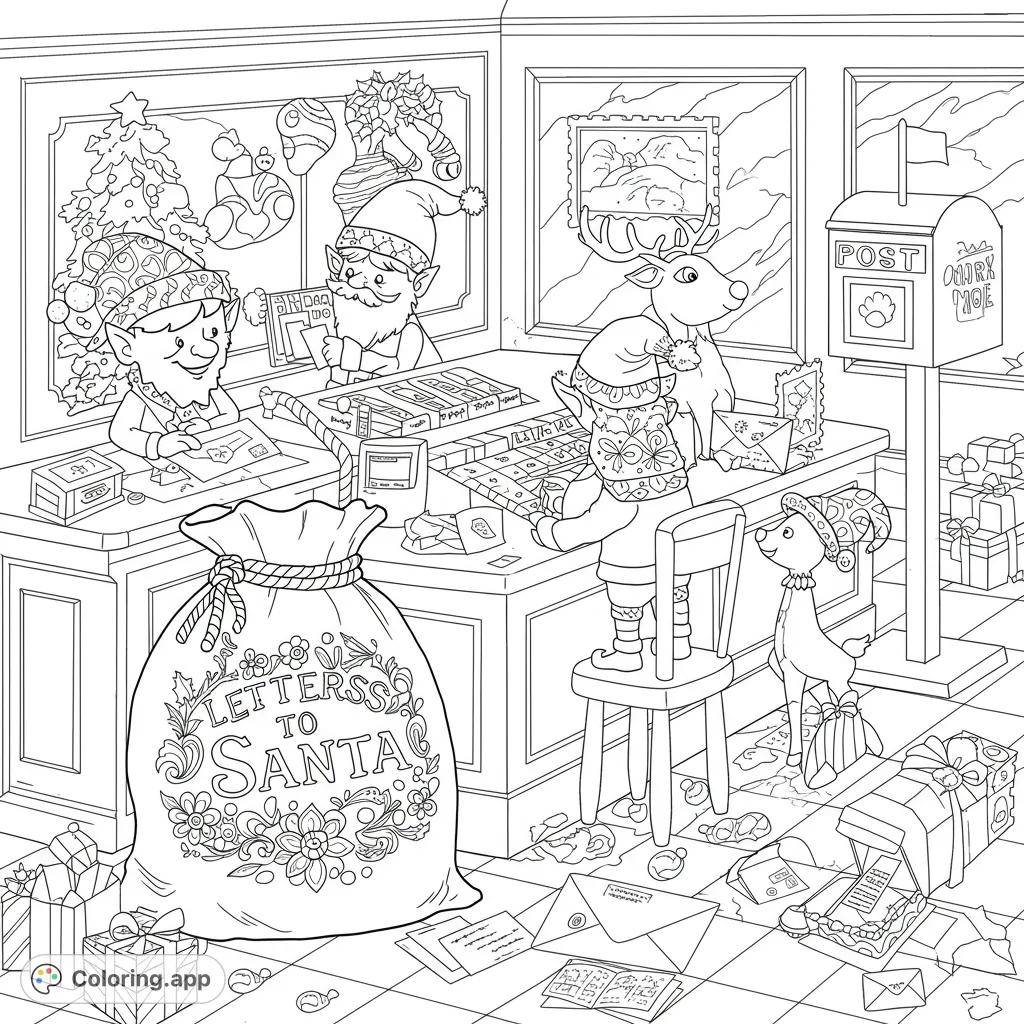 Join Santa's elves and reindeer in a bustling North Pole post office, sorting festive mail and presents for a magical Christmas coloring adventure.