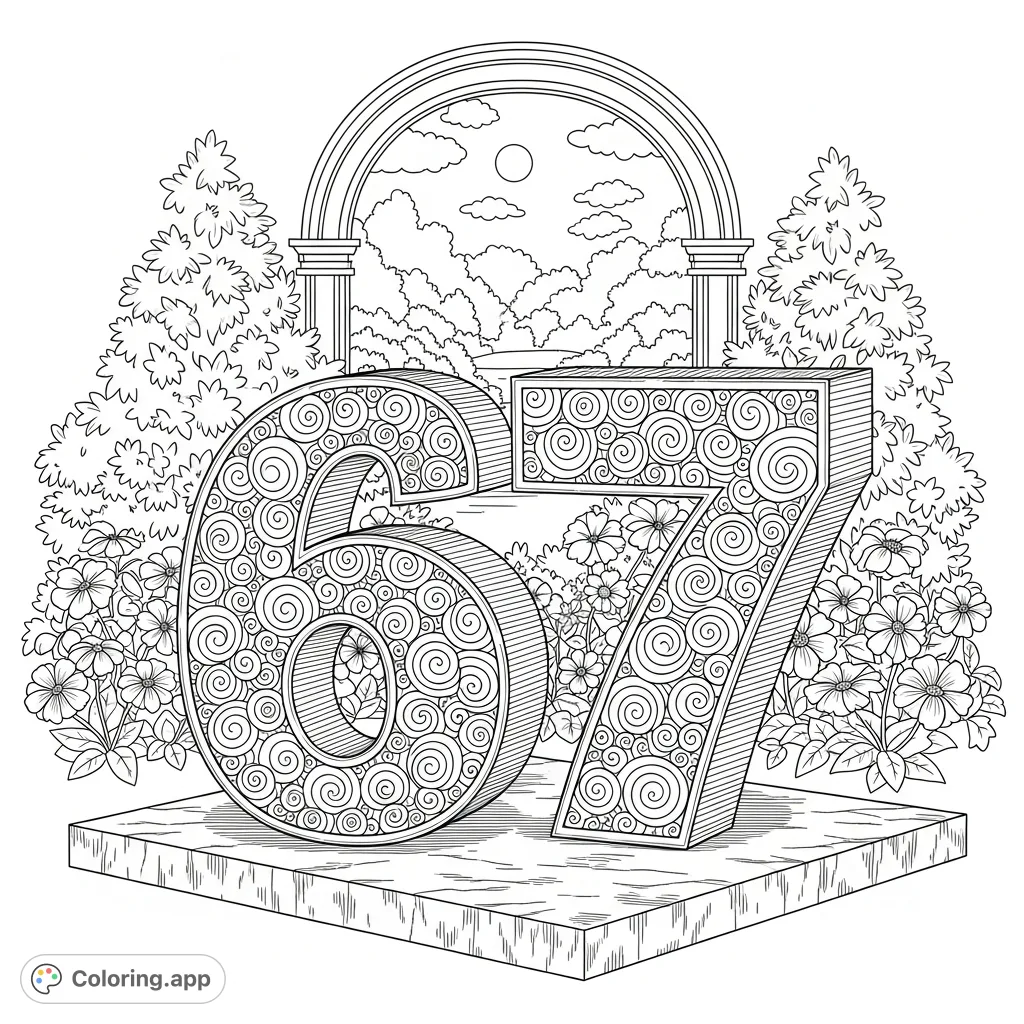 Color two robust numbers, '6' and '7', adorned with intricate swirling patterns, set against a peaceful, sunlit garden through a grand archway. A detailed numbers coloring page.