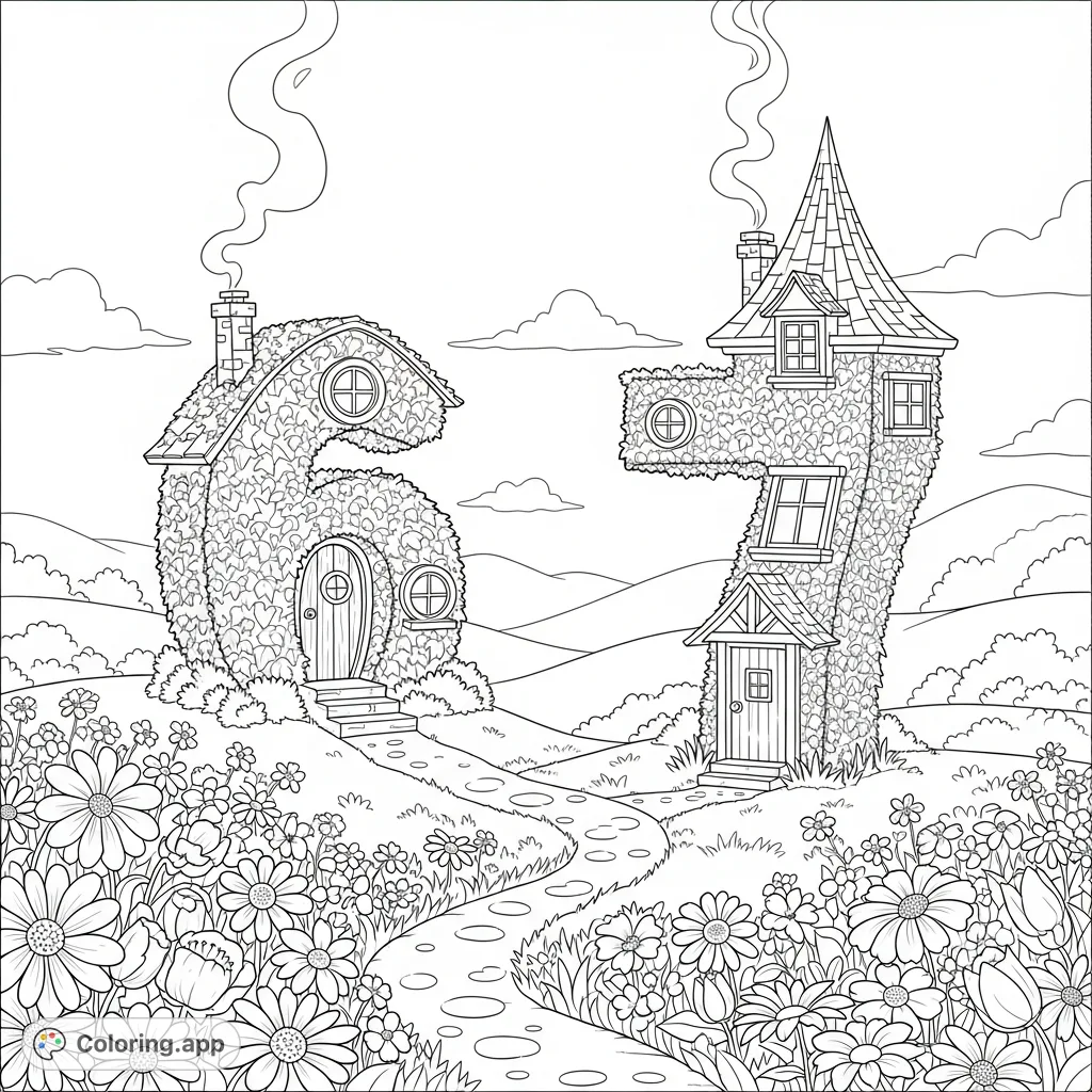 Explore a whimsical storybook landscape featuring charming, ivy-covered cottages shaped like the numbers '6' and '7', nestled among rolling hills and wildflowers.