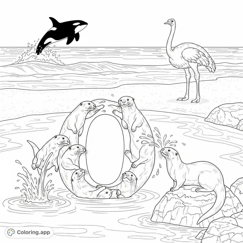 A playful O-shaped animal coloring page featuring otters in a pond, a leaping orca in the ocean, and a stately ostrich on the beach. Fun for all!