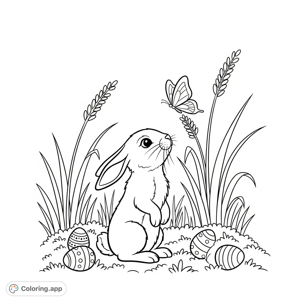 Capture the serene beauty of an observant bunny in a meadow, watching a butterfly amidst tall grass and hidden eggs. A delightful nature coloring page.