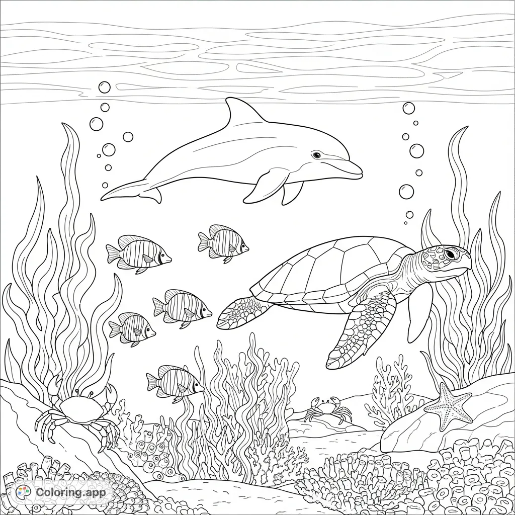 An enchanting underwater scene filled with various marine creatures like a dolphin, sea turtle, fish, crab, and starfish, surrounded by coral and kelp.