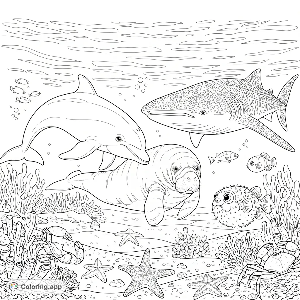 Explore a captivating underwater world featuring a friendly dolphin, gentle manatee, massive whale shark, and curious pufferfish, amidst crabs and sea stars. A perfect ocean animals coloring page.