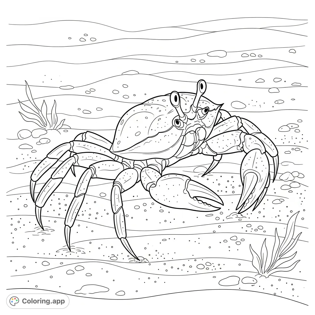 A detailed coloring page featuring a crab with prominent claws and segmented legs, scuttling across a textured sandy ocean floor with pebbles and seaweed.