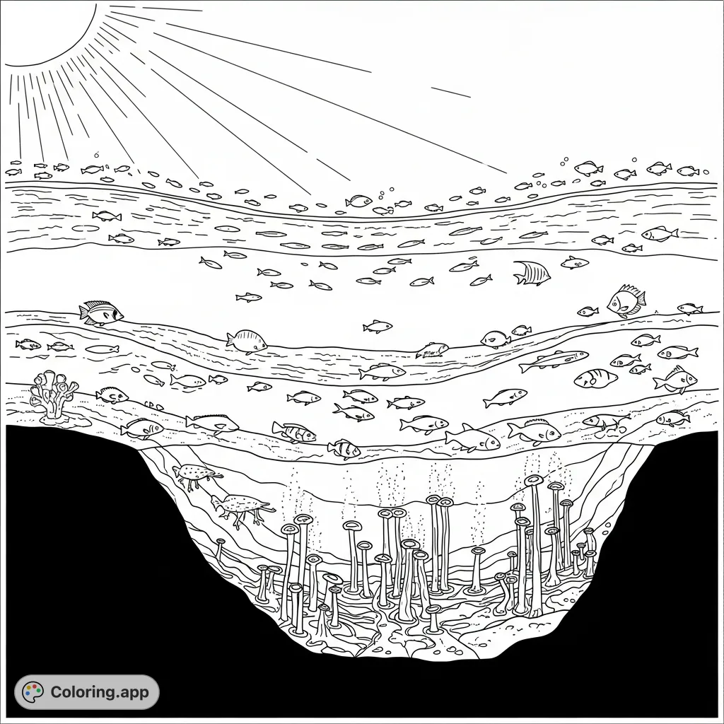 Explore the fascinating layers of the ocean from sunlit surface to the dark deep, teeming with unique marine life and mysterious hydrothermal vents.