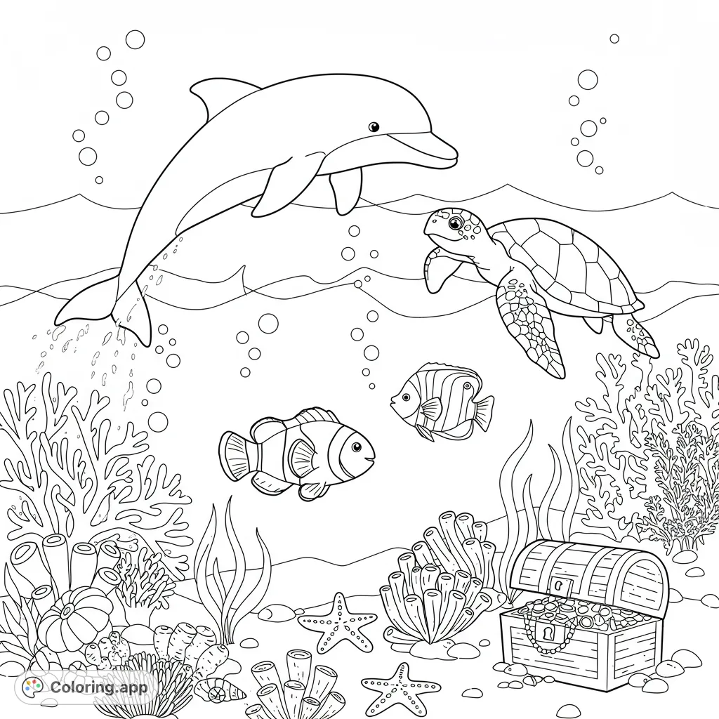 Explore a vibrant ocean coloring page with a playful dolphin, graceful sea turtle, colorful fish, and a treasure chest among coral reefs. Free printable fun!