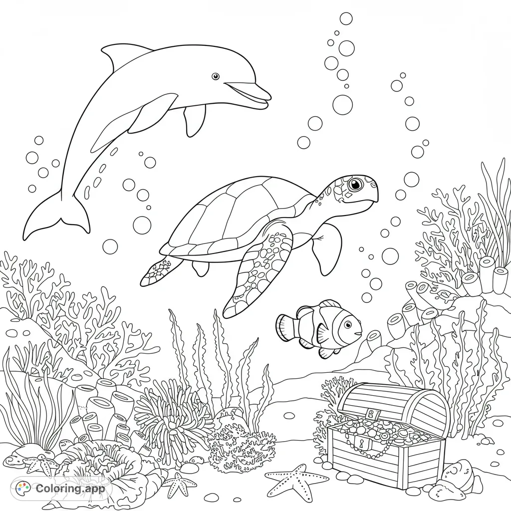 Dive into an enchanting underwater world! Color a playful dolphin, graceful sea turtle, and a clownfish exploring a vibrant coral reef with a hidden treasure chest.