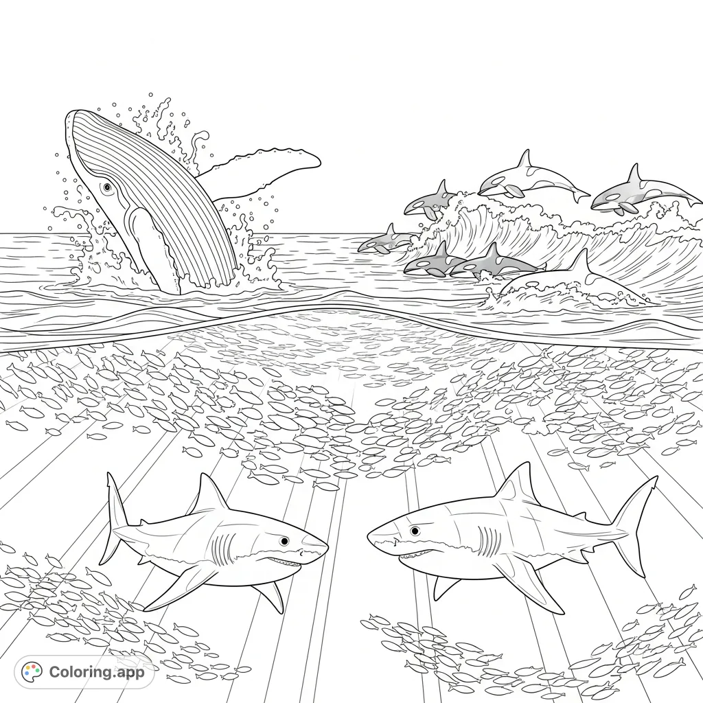 Explore a vibrant ocean scene featuring a breaching whale, swimming orcas, a powerful shark, and schools of fish. Perfect for ocean life enthusiasts!