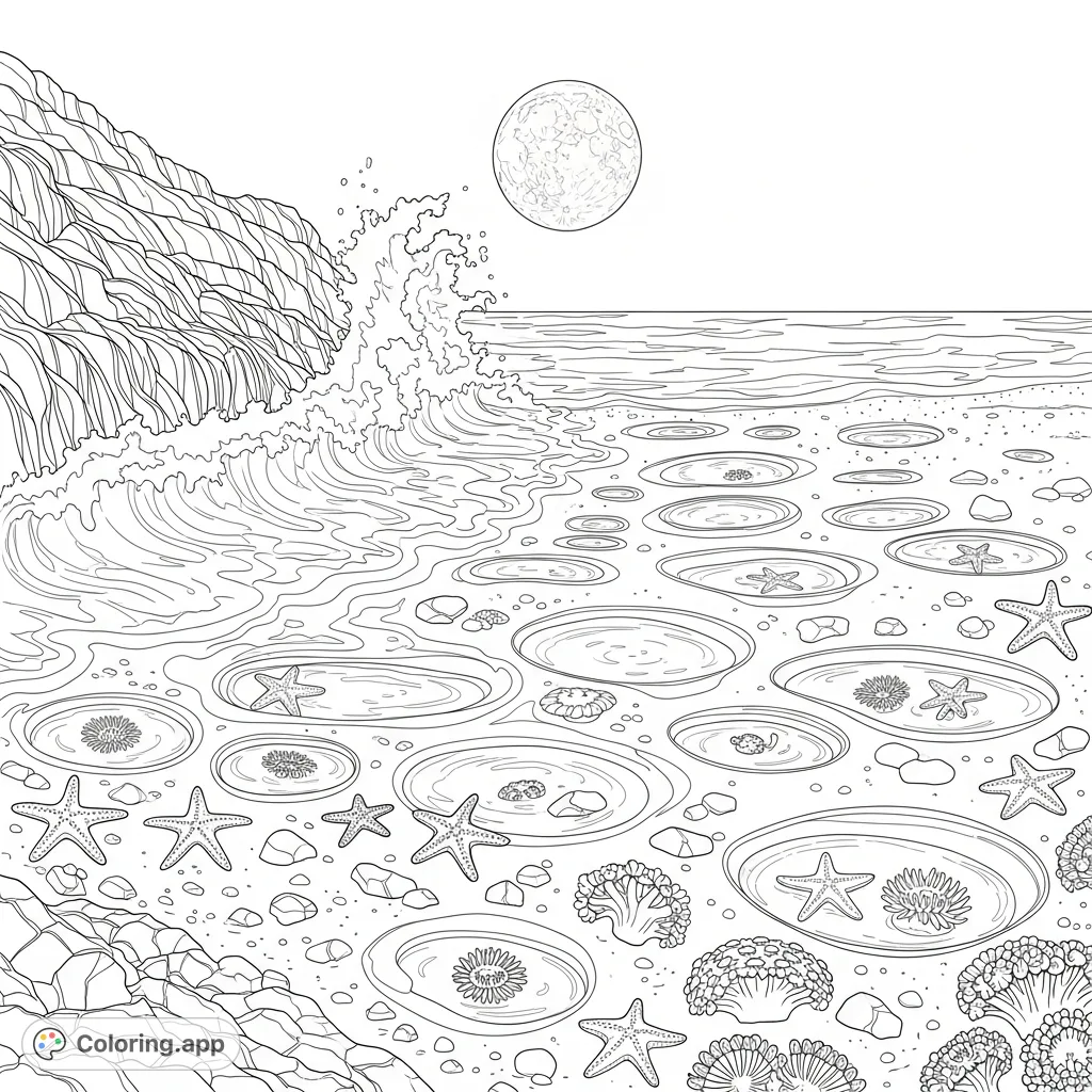 Explore a captivating ocean shore coloring page depicting contrasting high and low tides, revealing rocky cliffs, sandy beaches, and vibrant tide pools under a full moon.