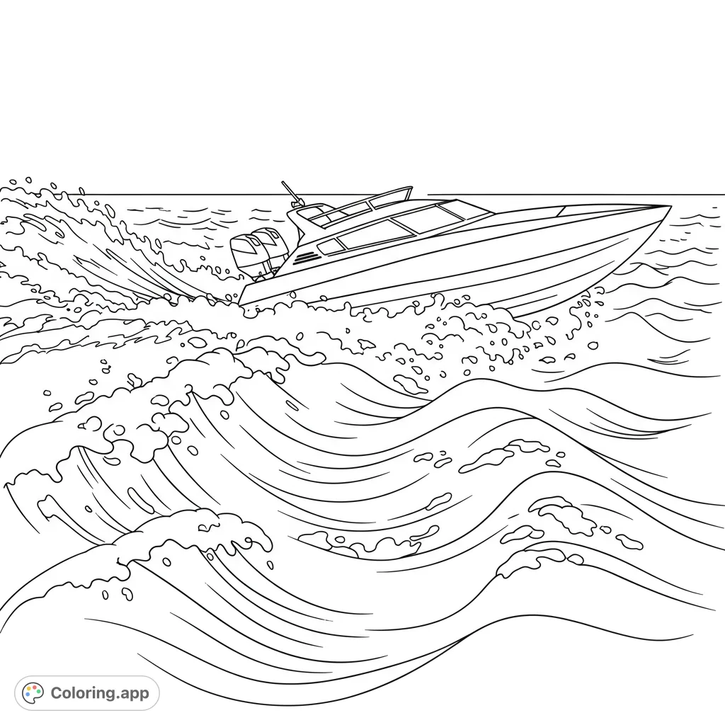 Experience the thrill of a speed boat cutting through dynamic ocean waves. A free printable boat coloring page for all ages.