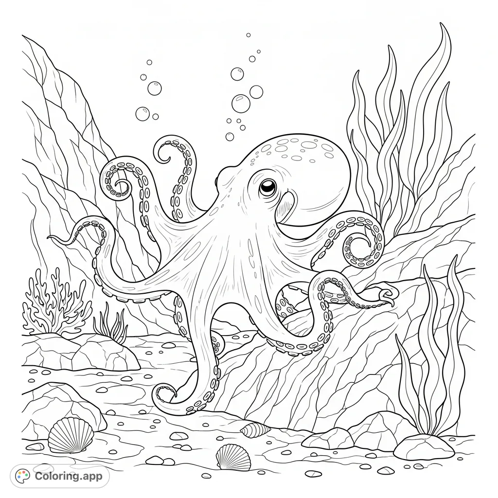 A charming octopus investigates a detailed rocky seabed, surrounded by kelp, shells, and rising bubbles. Perfect for marine life enthusiasts.