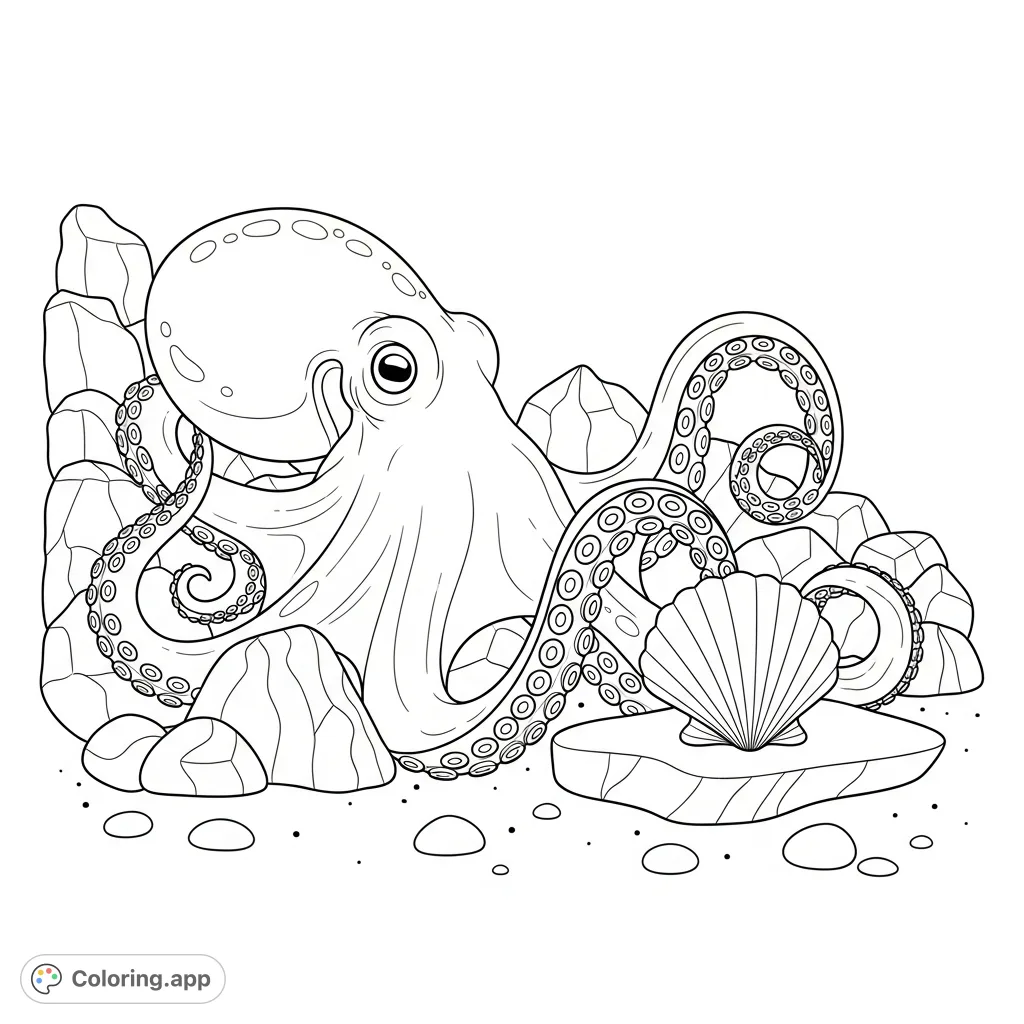 An engaging coloring page featuring a curious octopus exploring underwater rocks, reaching for a beautiful seashell on the ocean floor. Perfect for sea life enthusiasts.