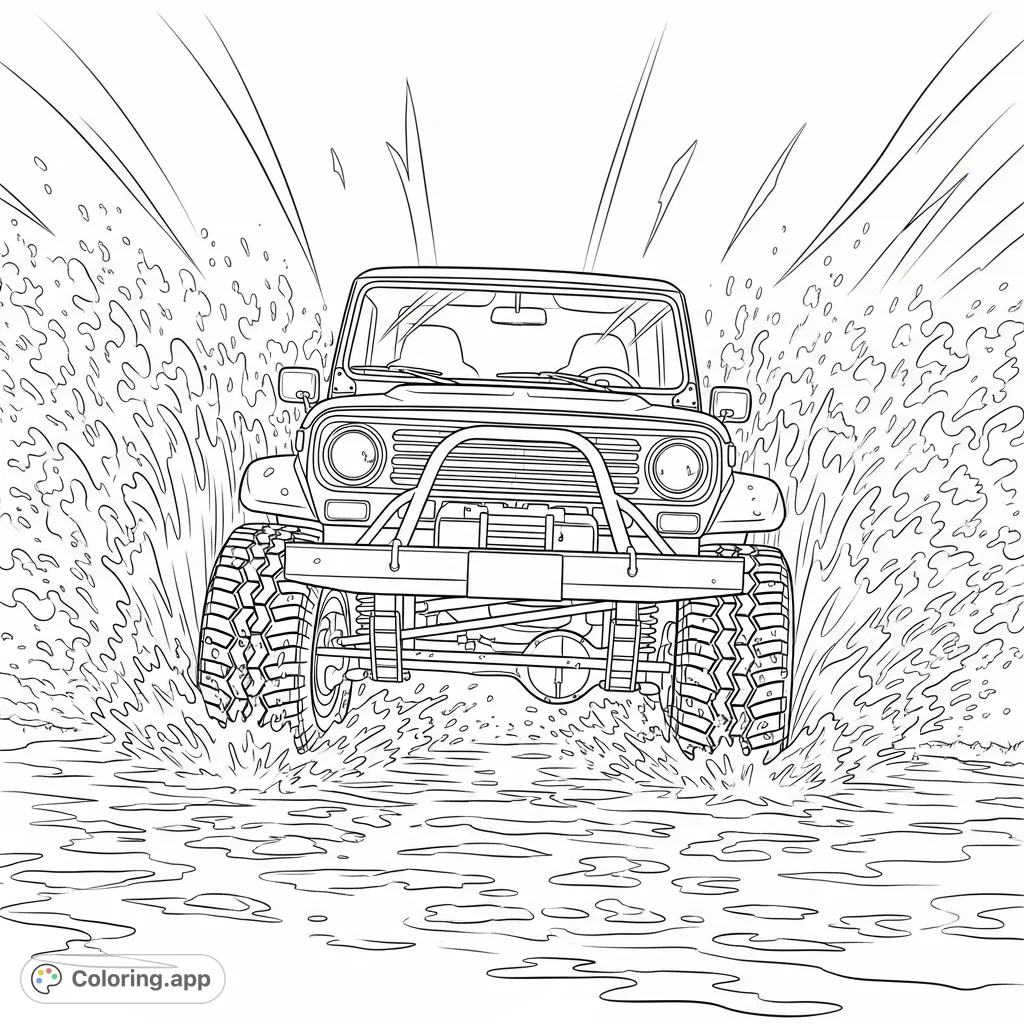 Experience the thrill of off-road adventure! A rugged 4x4 vehicle splashes through a muddy water crossing with dynamic motion lines.