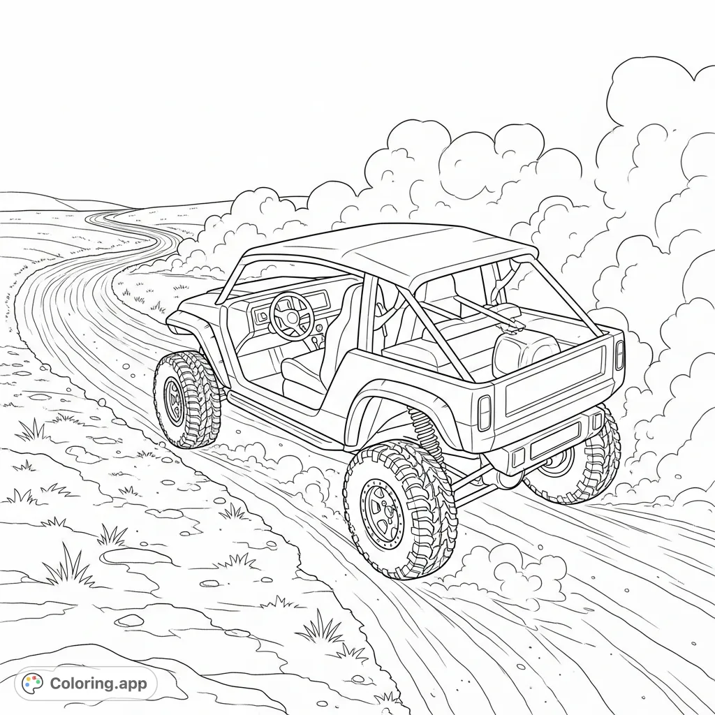 Color a rugged soft-top vehicle on a dirt trail, with visible suspension and dynamic dust clouds. An exciting scene for vehicle enthusiasts.