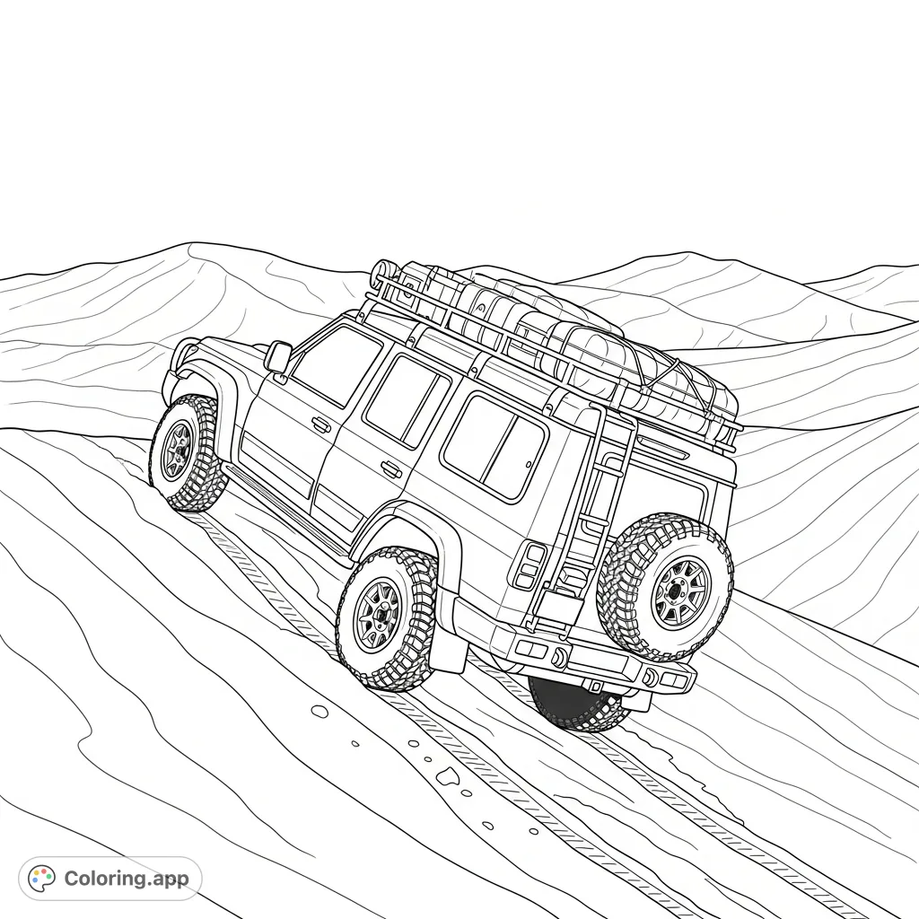 Color a powerful four-door adventure vehicle conquering a towering desert dune, complete with a detailed roof rack, spare tire, and vast desert scenery.