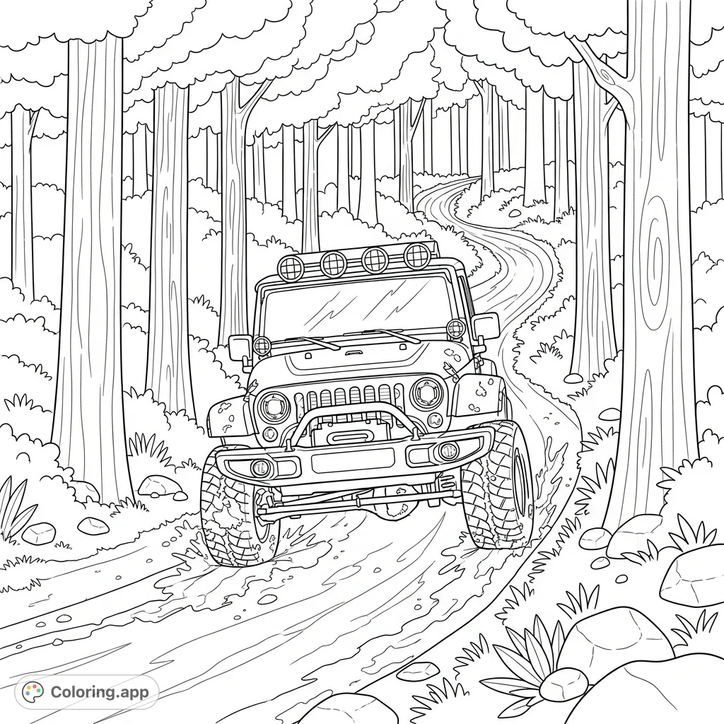 A rugged Wrangler-style vehicle with roof lights and lifted suspension tackles a muddy forest trail. Simplified mud lines make it fun and easy to color.