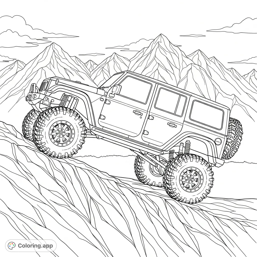 A powerful four-door off-road vehicle conquers a steep rocky incline, set against a backdrop of towering mountains, symbolizing adventure and rugged exploration.
