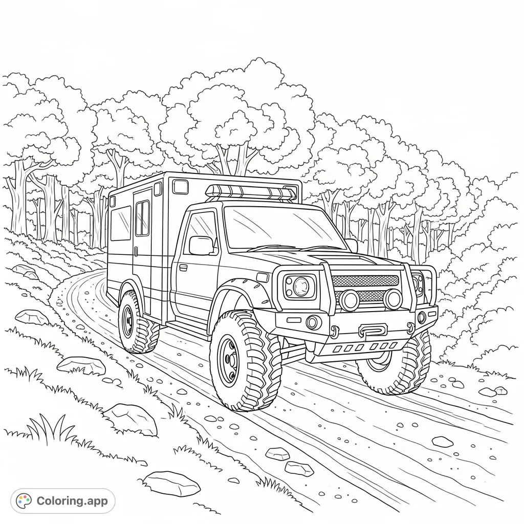 Color a rugged 4x4 rescue ambulance on a dirt trail, with simplified trees in the background. An exciting scene for vehicle enthusiasts!