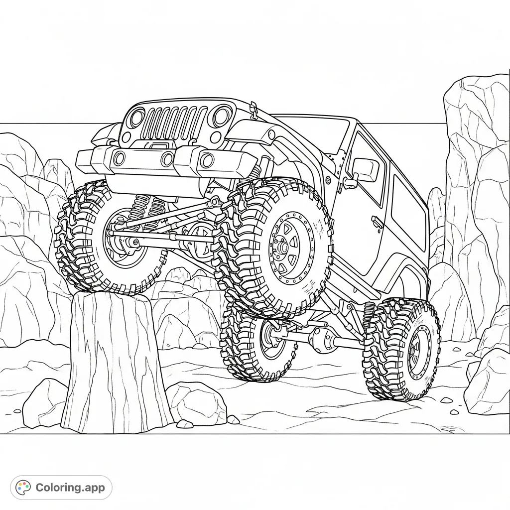 A detailed Wrangler-style rock crawler with huge tires flexes dramatically on large, jagged boulders. Experience the thrill of extreme off-roading.
