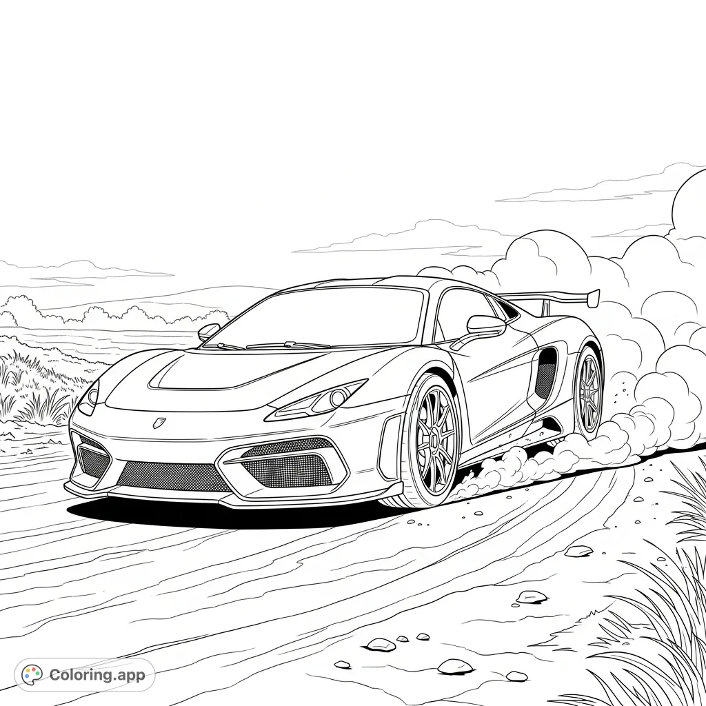 A powerful supercar races on a rugged dirt track, kicking up a dramatic cloud of dust. Dynamic lines and action capture the thrill of speed.