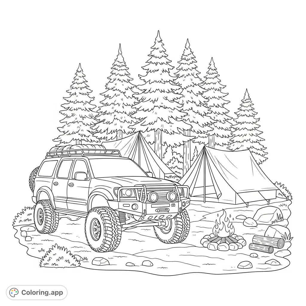 Explore the wilderness with this off-road truck coloring page, featuring a robust vehicle, cozy tents, a crackling campfire, and towering pine trees.