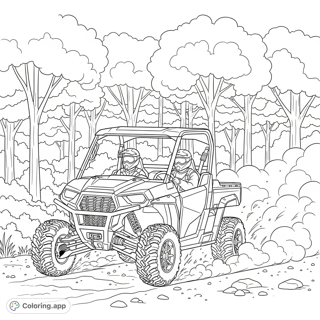 Experience the thrill of off-road racing! Color a powerful UTV kicking up dust as it speeds through simplified wooded terrain, perfect for dynamic creativity.
