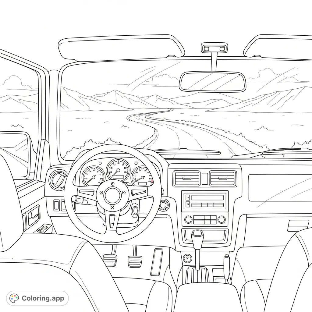 Explore a detailed off-road vehicle interior, featuring a simplified steering wheel, dash, and seats. Gaze through the windshield at a winding mountain road.