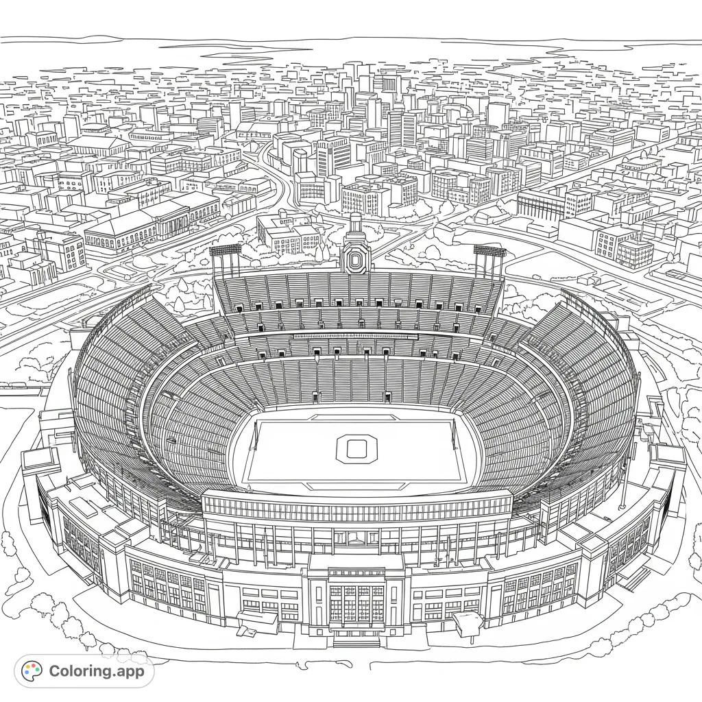 Soar above Ohio Stadium! This free printable Ohio Stadium coloring page captures the iconic horseshoe, field, and surrounding urban landscape from an exciting aerial perspective. Perfect for fans!