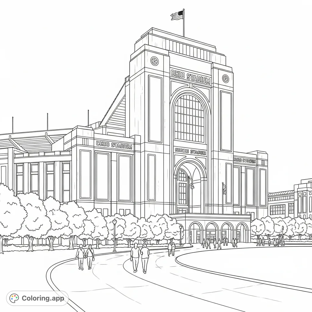 Capture the majestic presence of Ohio Stadium with its grand archways, intricate facade details, and surrounding trees. A powerful symbol for colorists!
