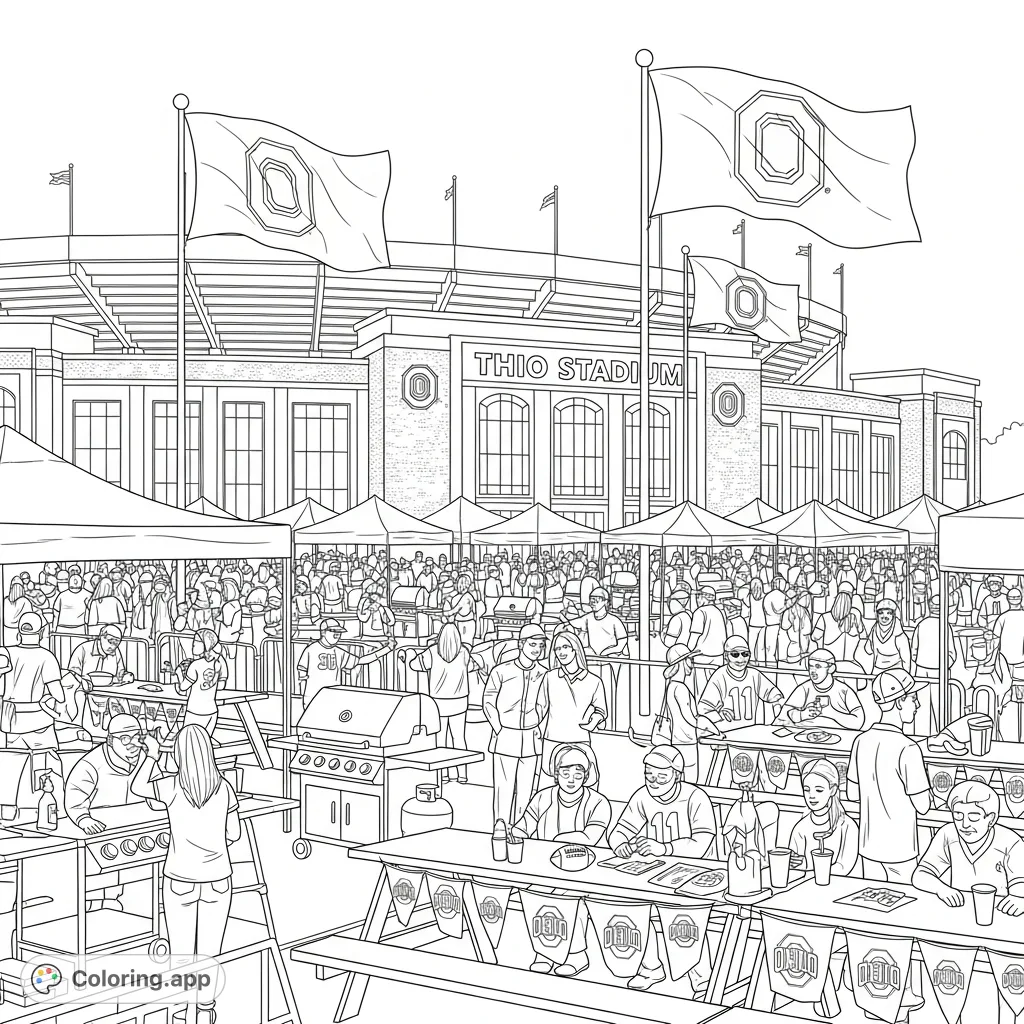 Capture the electrifying energy of a stadium tailgate party! Fans, grills, tents, and banners set against the iconic Ohio Stadium brickwork.